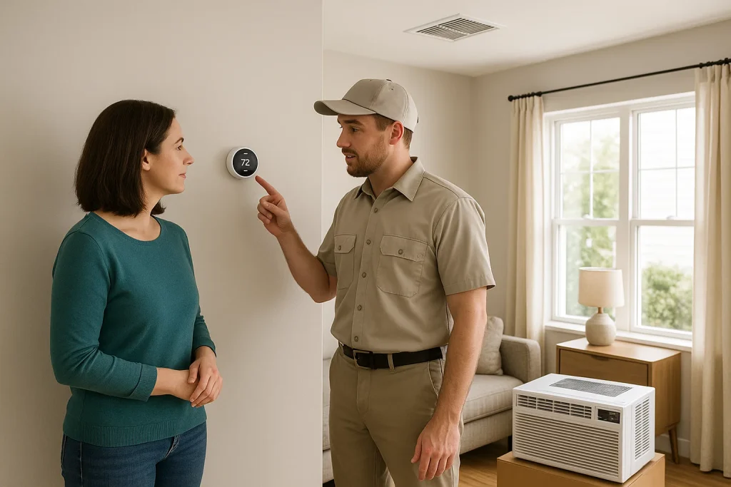 Homeowner learning about central AC thermostat from technician in clean living room
