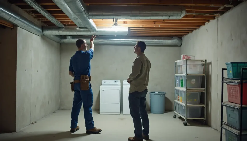 A homeowner and an hvac tech stand in the basement discussing ducts leaking.