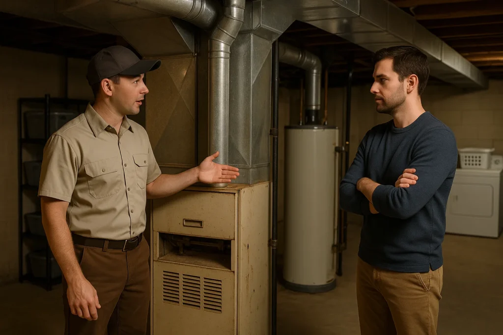 HVAC technician explaining old rusty furnace to homeowner in Conyers Georgia basement