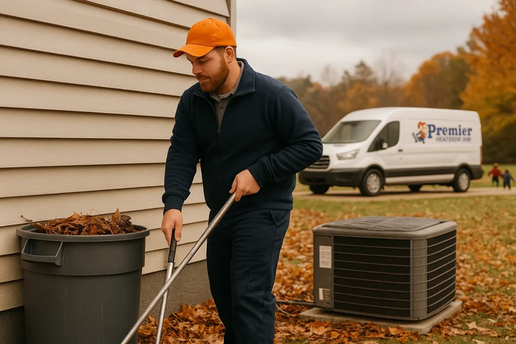An HVAC technician cleaning around an AC unit.
