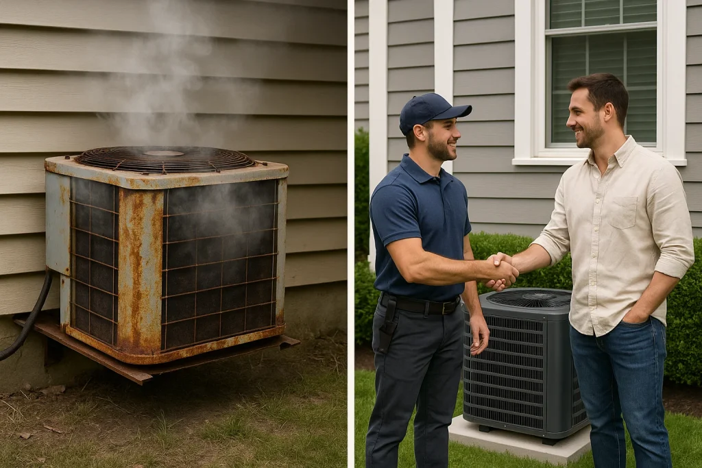 Split screen image on the left an old AC unit on the right a new AC unit the homeowner and HVAC technician shaking hands