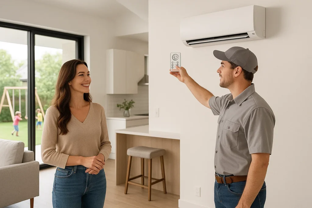 Homeowner learning about zoned comfort from ductless mini-split installation