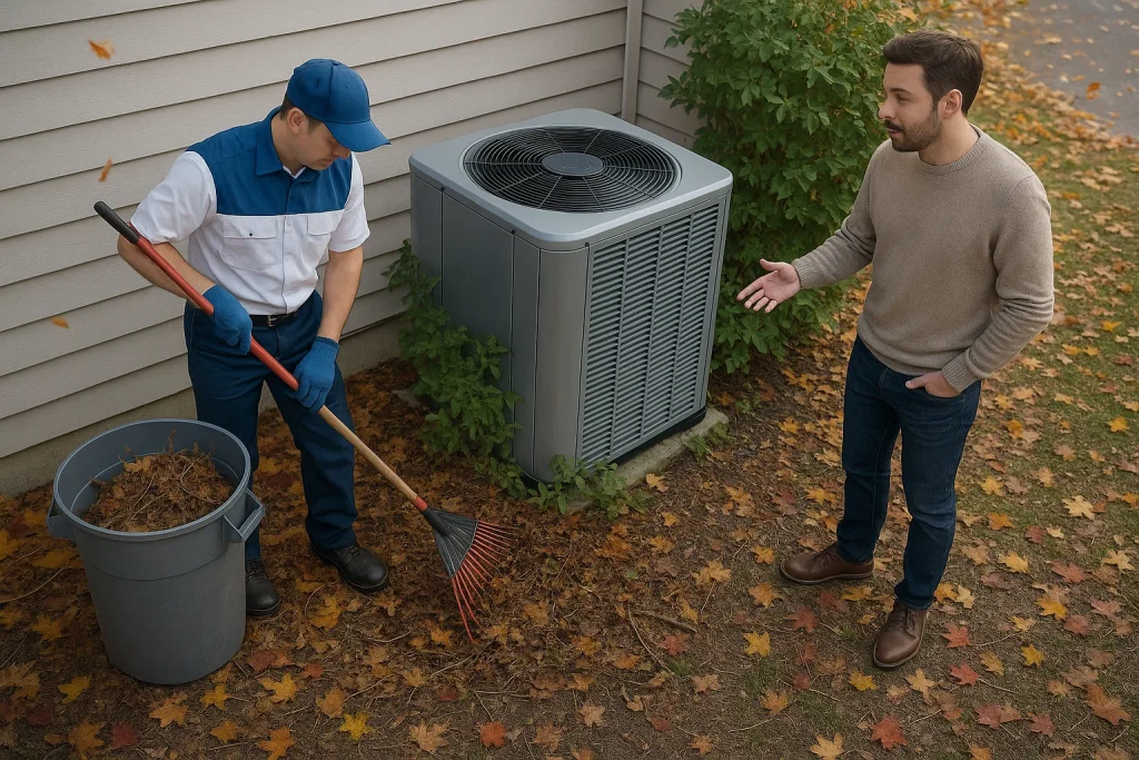 The homeowner and an HVAC technician stand on the side of the house while the HVAC technician clears debris from the unit