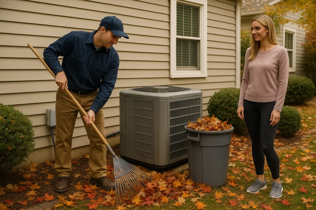 Technician servicing outdoor heat pump with leaves cleared in fall