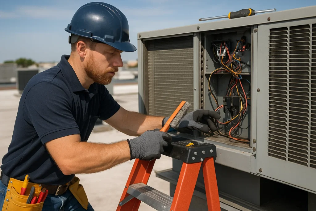 Technician inspects and cleans commercial rooftop HVAC coils during preventive service