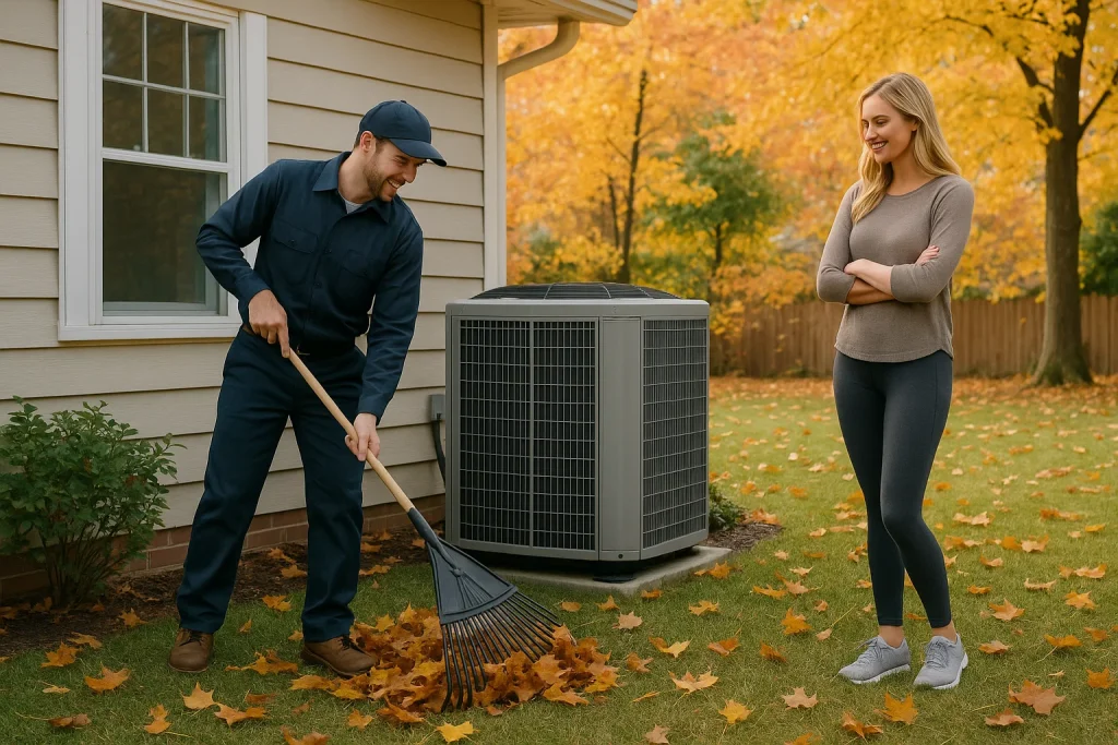 Technician clearing leaves from outdoor heat pump unit in fall