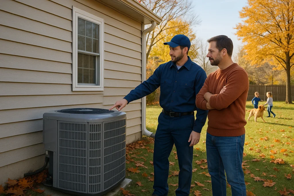 The homeowner and an HVAC technician discussing winterizing the AC unit on side of the house