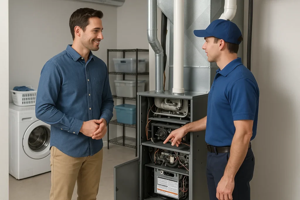 Technician and homeowner reviewing furnace efficiency ratings in utility room