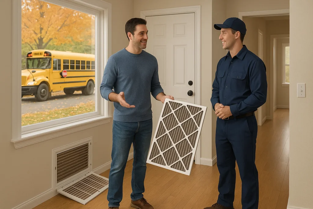 A homeowner and an HVAC technician discussing the dirty air filter that the homeowner is holding.