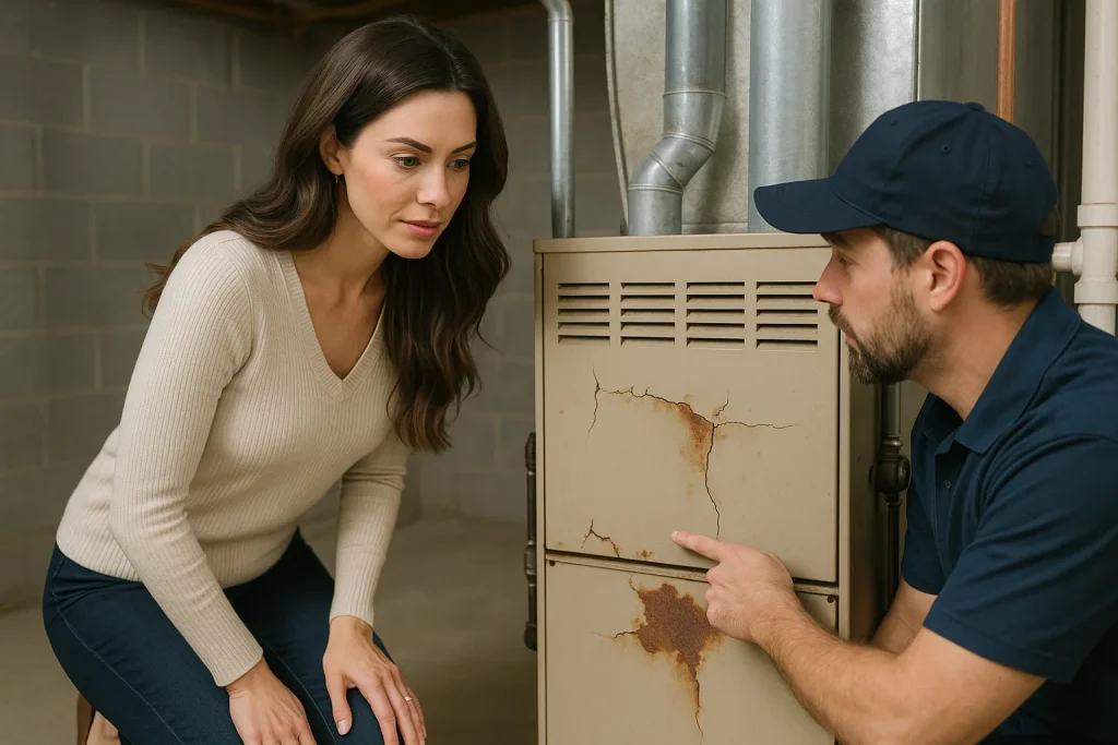 Technician points out rust and cracks on aging furnace while homeowner takes notes