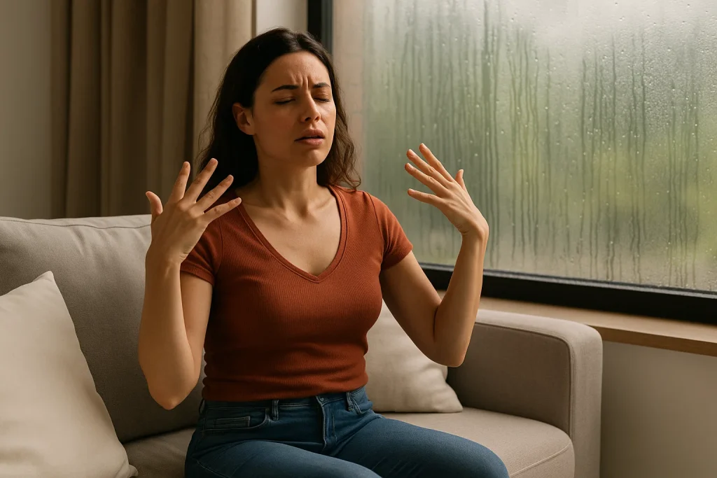 A woman sitting on the couch, sweating from the humidity in her house