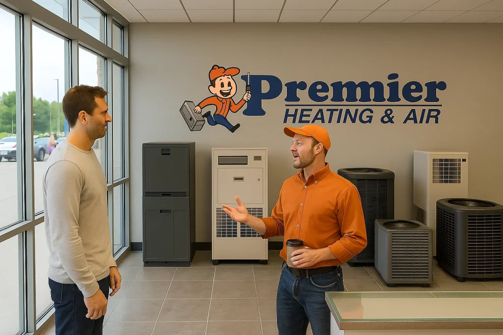 The homeowner and a salesman are discussing heat pumps in the Premier heating and air showroom
