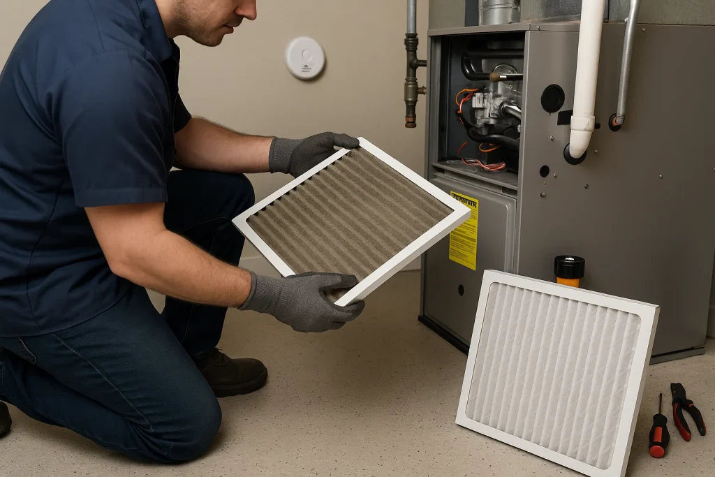 Technician replacing a dirty air filter during emergency furnace repair to restore airflow.
