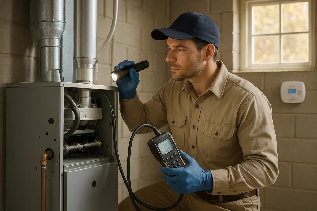 Forsyth HVAC technician performs detailed gas furnace safety inspection in basement