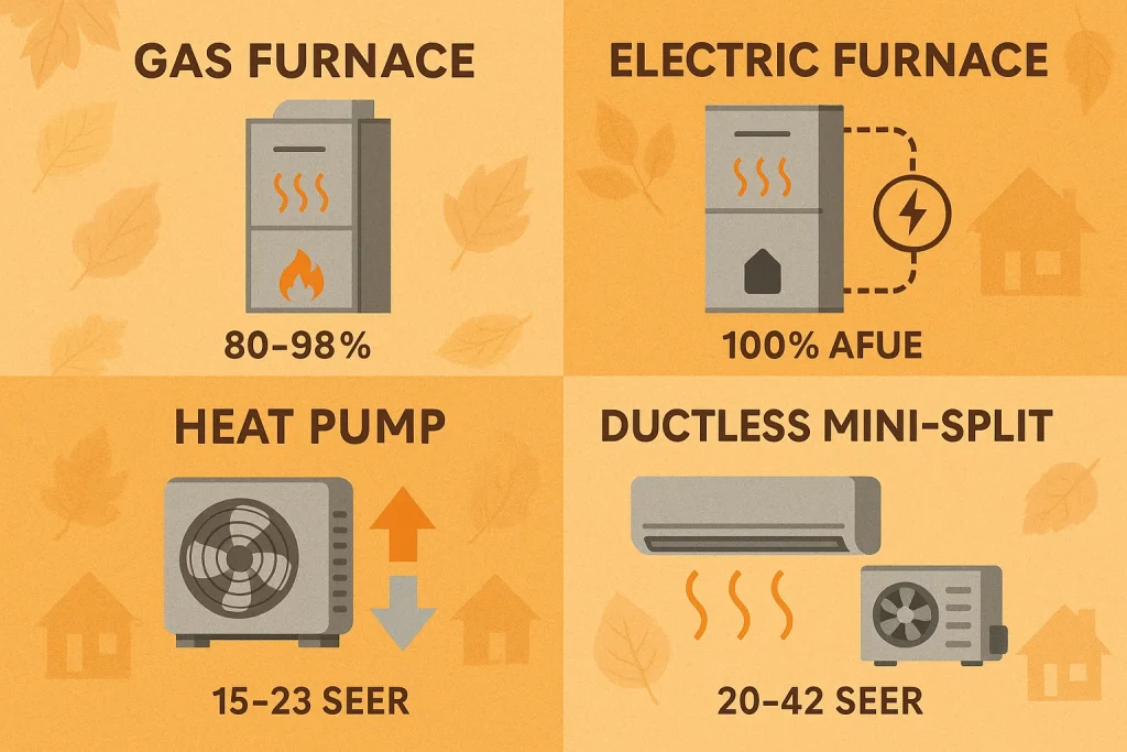 Illustrated comparison chart showing gas furnaces, electric furnaces, heat pumps, and ductless mini-splits for homeowners choosing a new heating system.