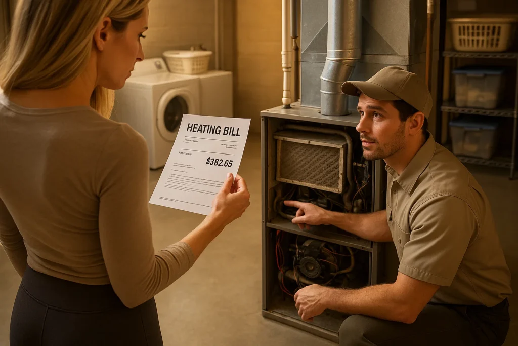 homeowner concerned with high heating bill while technician inspects furnace