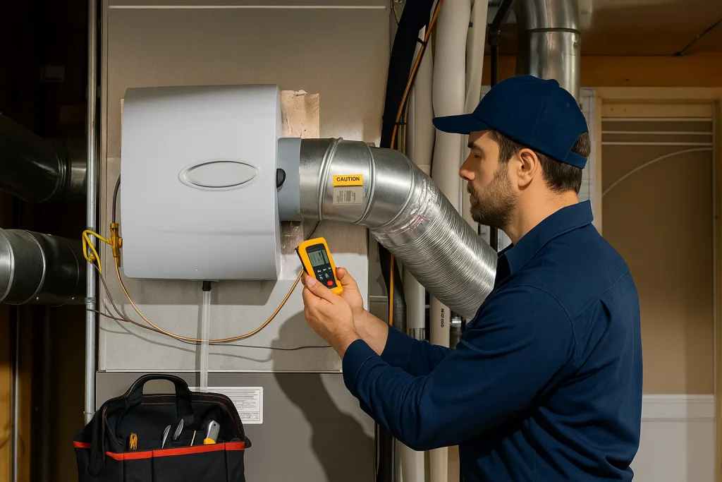 HVAC technician installing and calibrating a whole-house humidifier on a home furnace system in Maysville, KY.