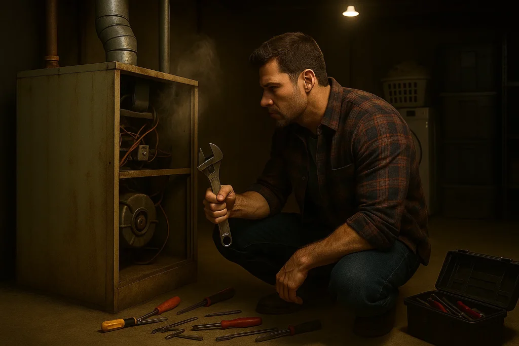 A homeowner trying to repair his own furnace in his basement.