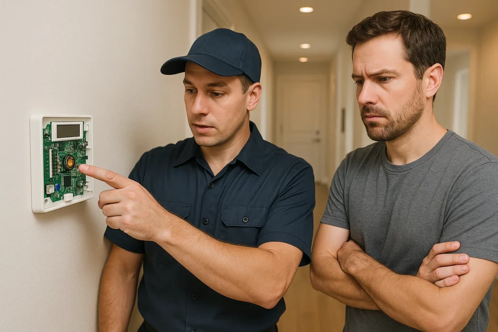 HVAC technician showing a homeowner a damaged thermostat control board preventing the heat pump from switching to heating mode.