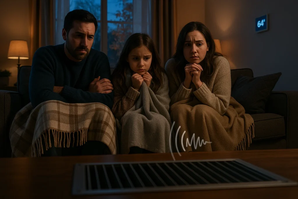 Family bundled under blankets in a living room with no warm air from vent and thermostat stuck at 64°F on chilly fall evening.