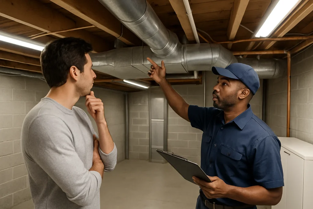 Homeowner discussing the condition of his heating system with an HVAC technician.