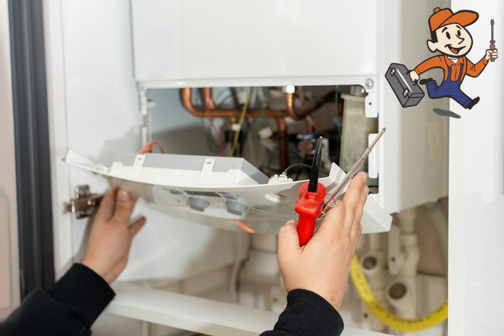 A professional technician servicing a modern heater for maintenance.