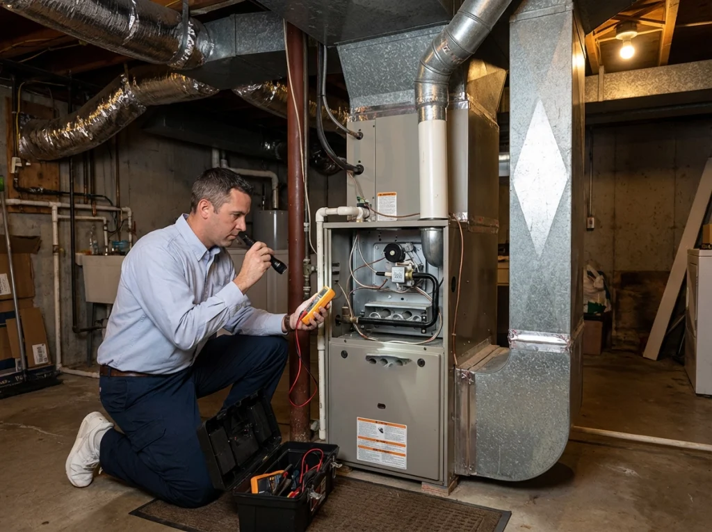 Technician inspecting and repairing a home furnace in a basement, representing furnace repair services near me and home furnace repair. 

