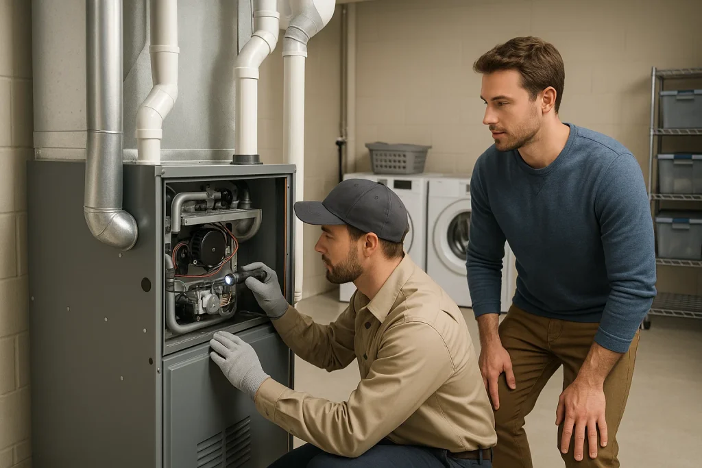 Technician inspecting gas furnace burner compartment for safety in home