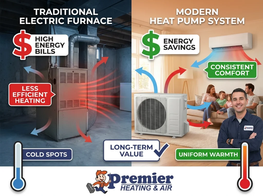 Split image comparing electric furnace system vs heat pump heating systems in home