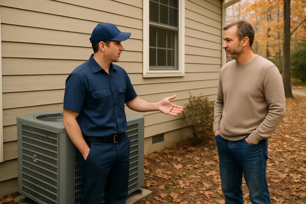Heat pump outdoor unit in defrost cycle outside Georgia home with technician present