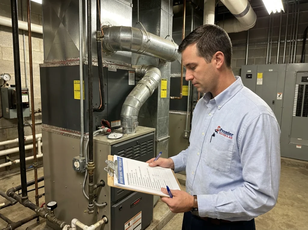 Facility manager reviewing commercial heating winter prep checklist in mechanical room.