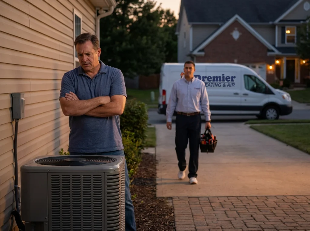 Homeowner noticing dirty air filter and possible heat pump short‑cycling in living room.