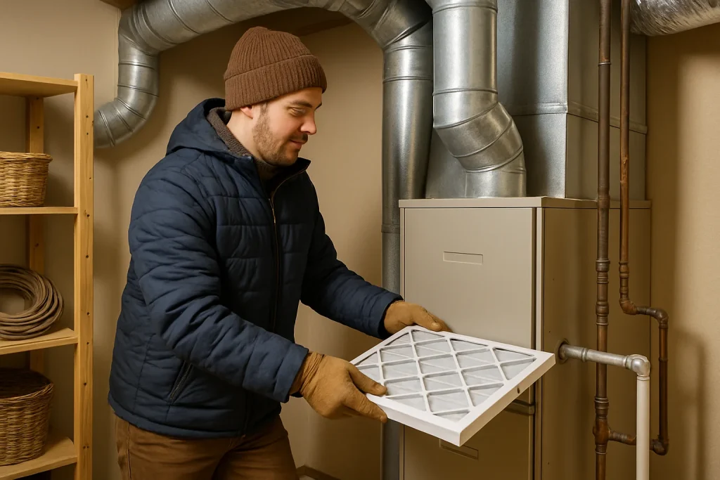 Homeowner replacing HVAC air filter during winter preparation