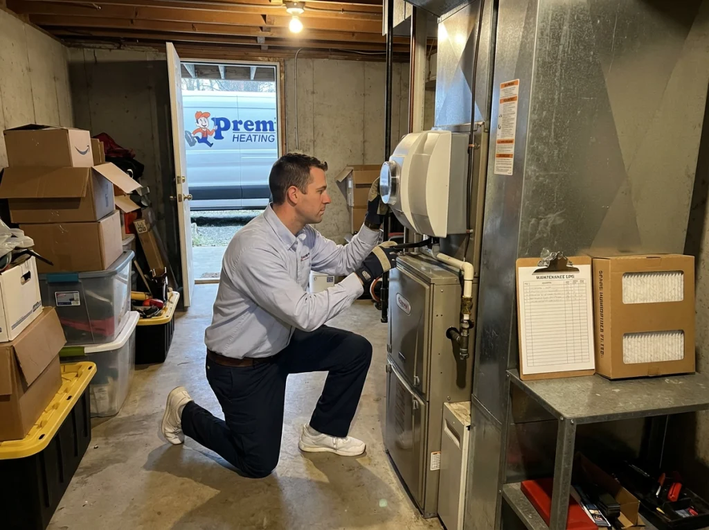 HVAC technician adjusting whole‑house humidifier next to furnace in basement utility room