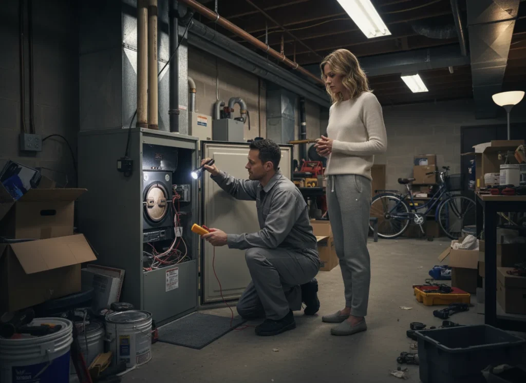 Technician inspecting furnace components for early shut‑off issue