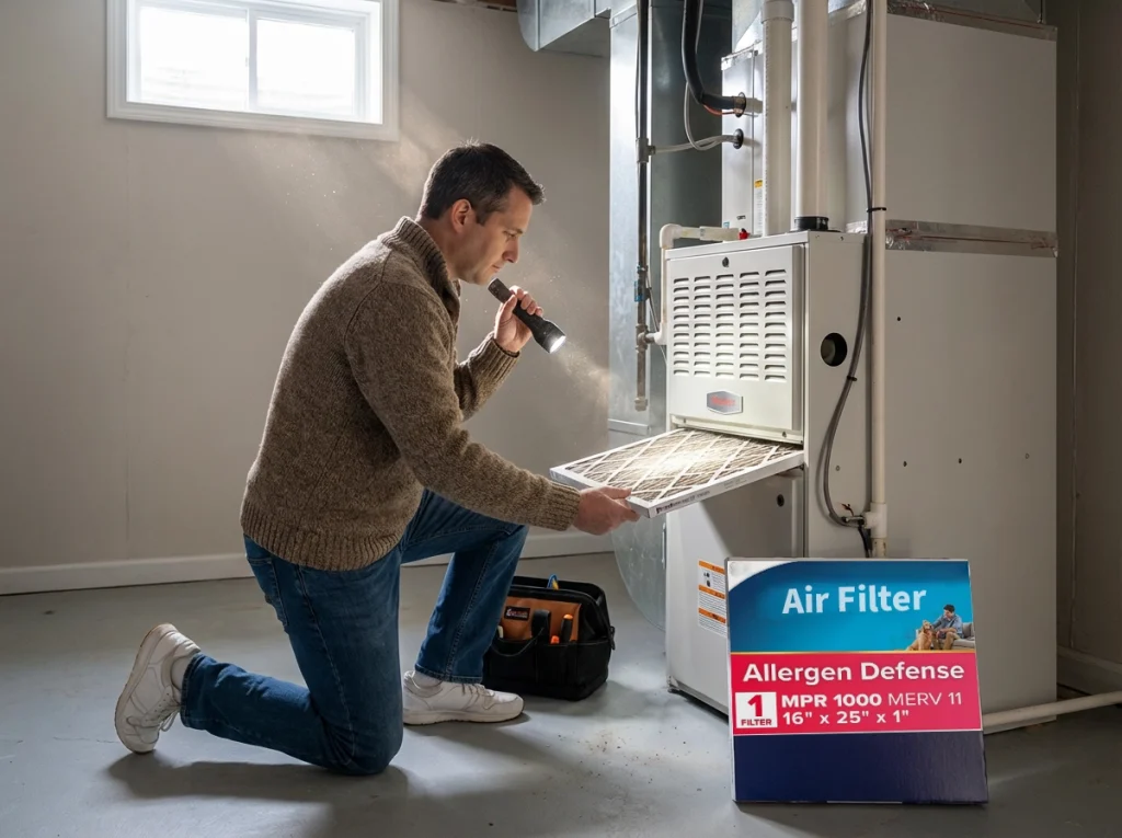 Homeowner replacing furnace filter in basement as part of fall maintenance