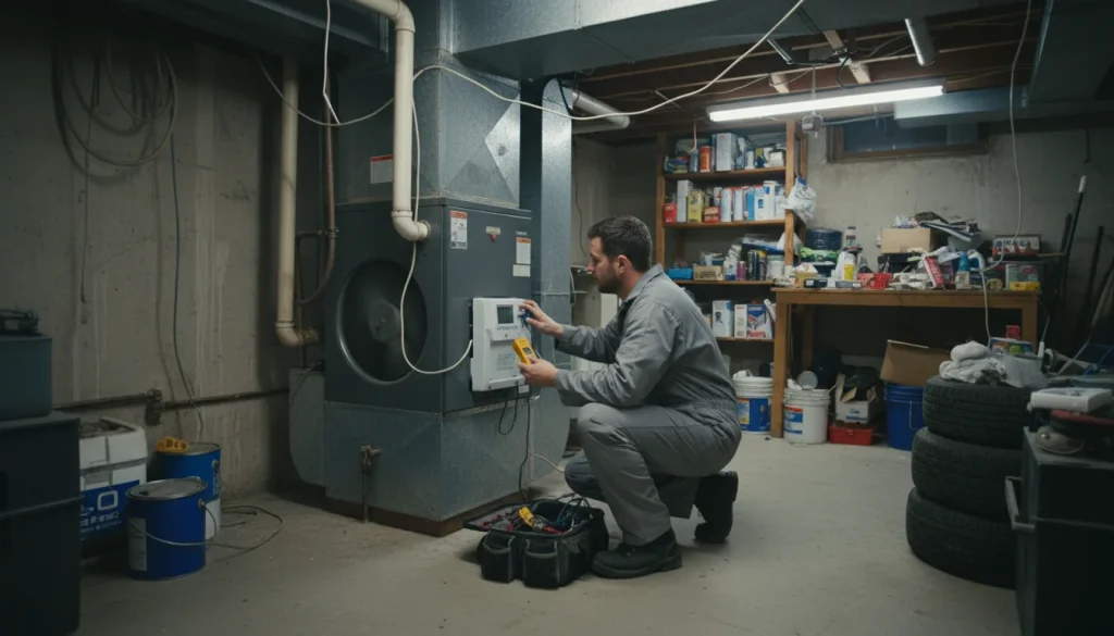Technician measuring indoor humidity and inspecting whole‑house humidifier setup