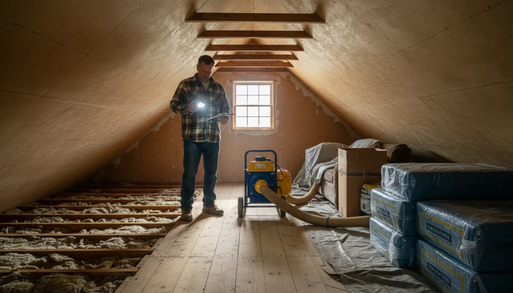 Homeowner inspecting attic insulation in Georgia home before winter