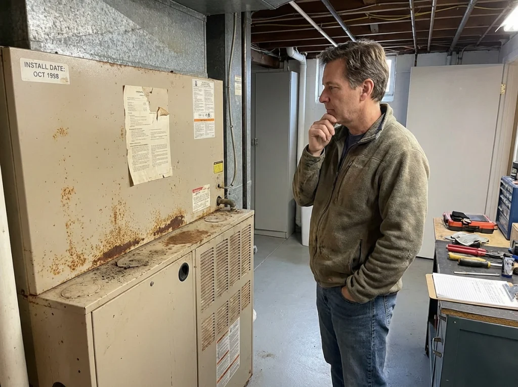 Homeowner evaluating aging gas furnace installed over 15 years ago in basement