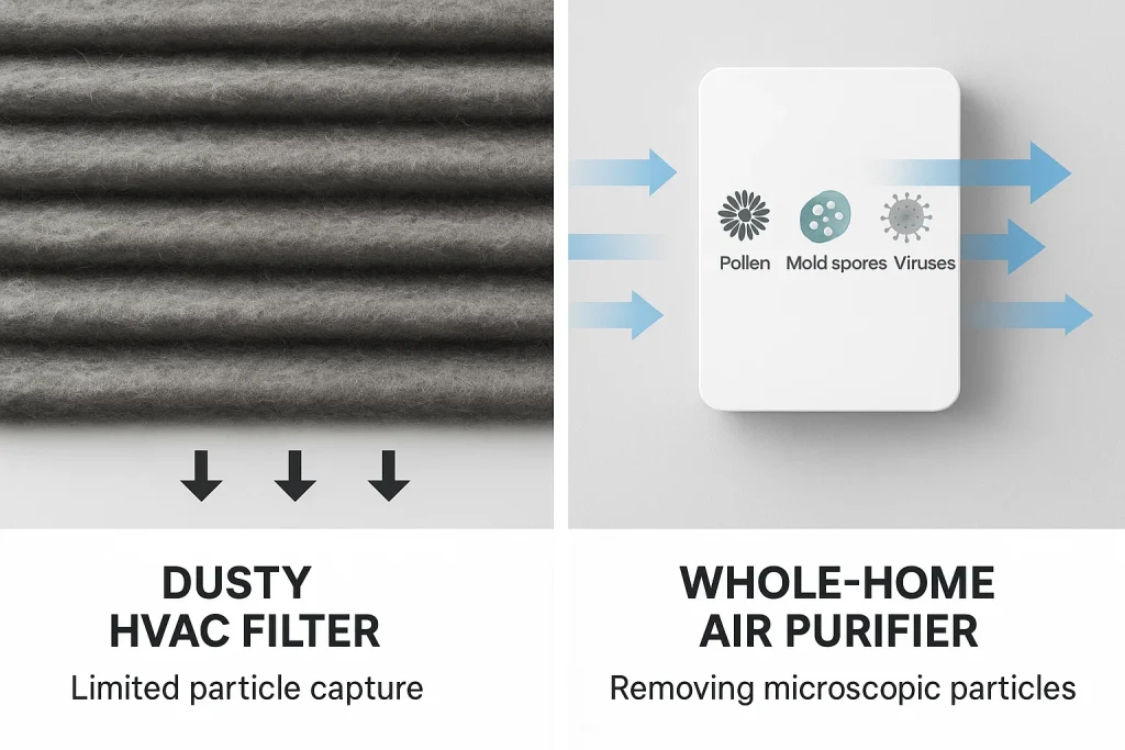 Comparison between a basic HVAC air filter and a whole-home air purification system.