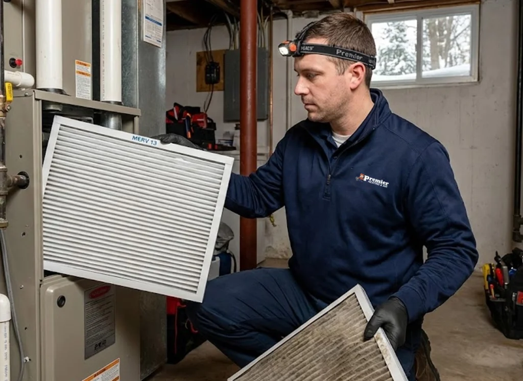 HVAC technician replacing a high-efficiency filter during winter heating system maintenance for better indoor air quality.