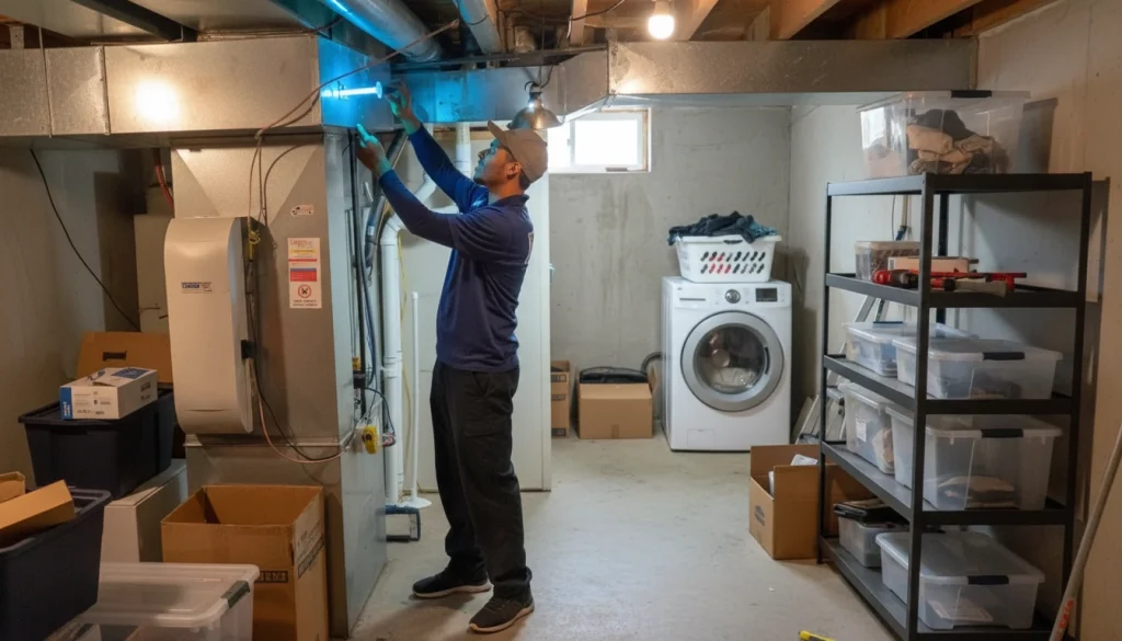 HVAC technician installing a UV air purifier to reduce winter germs and allergens