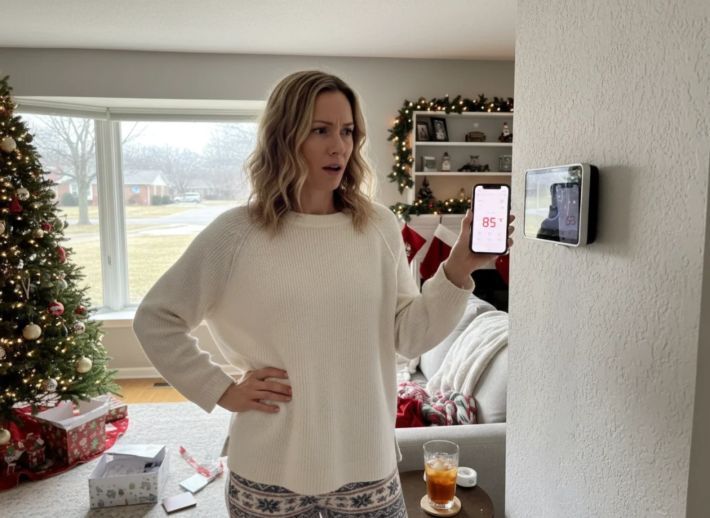 A homeowner trying to figure out why the house is so hot by examining her smart thermostat.