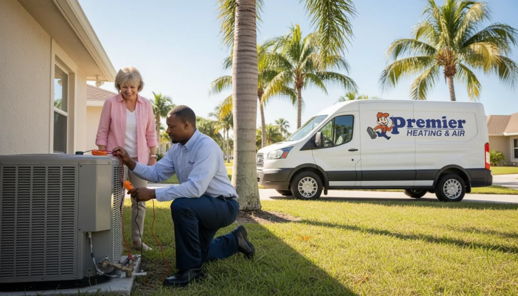 HVAC technician performing seasonal maintenance on residential heat pump outside Florida home