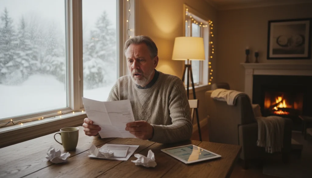Frustrated homeowner reviewing high heating bill during cold winter weather
