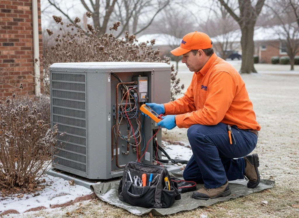 HVAC technician diagnosing a heat pump for short cycling issues