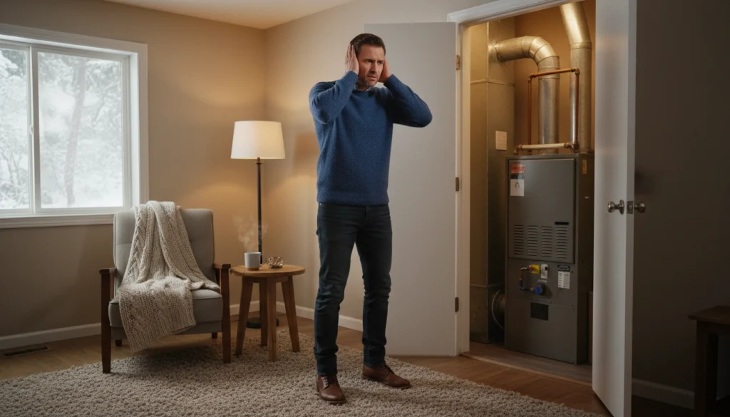 Homeowner reacting to loud banging noise coming from heating system