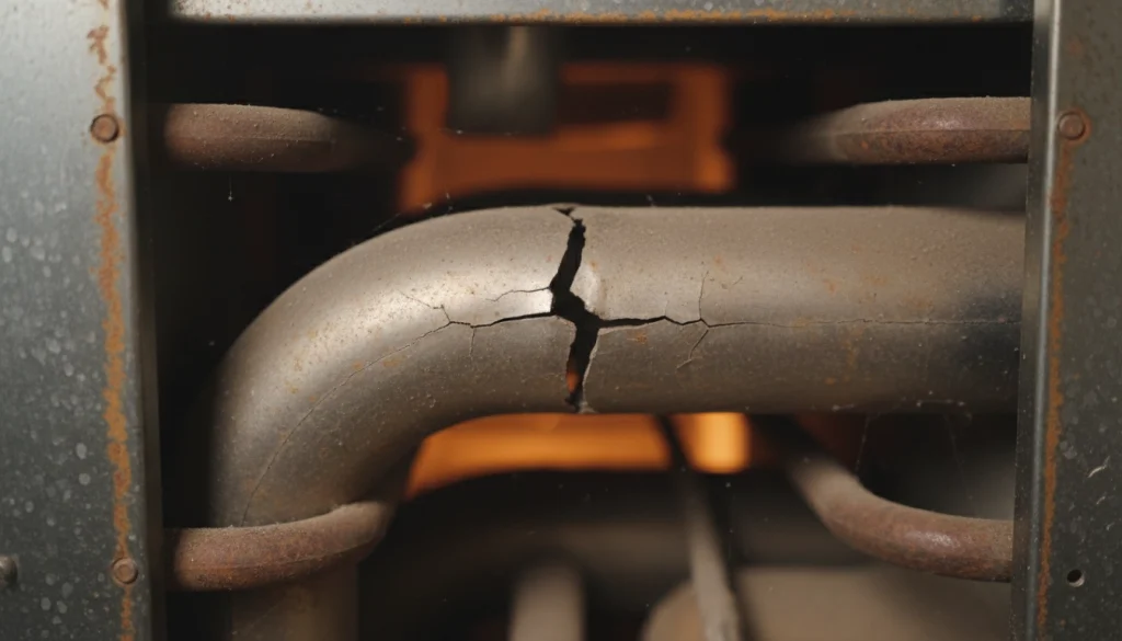 Cracked heat exchanger in a gas furnace showing visible damage