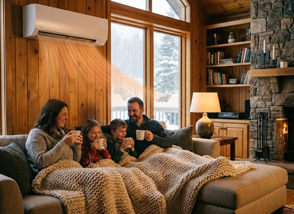 Ductless HVAC indoor unit blowing warm air in a winter living room with family enjoying consistent comfort.