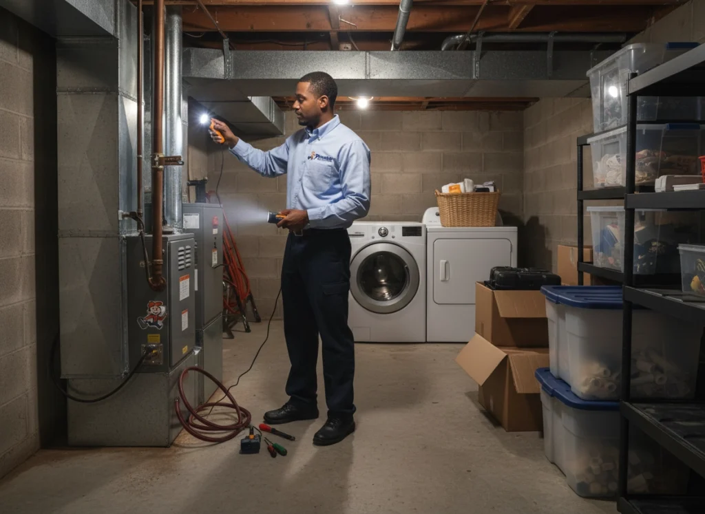 Technician inspecting ductwork and adjusting dampers for airflow balancing in basement utility area